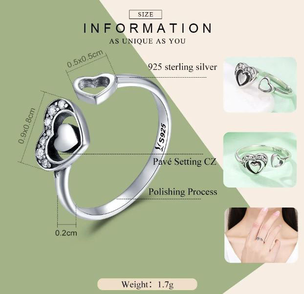 925 Sterling Silver Heart in Heart Ring Cubic Zirconia Clear