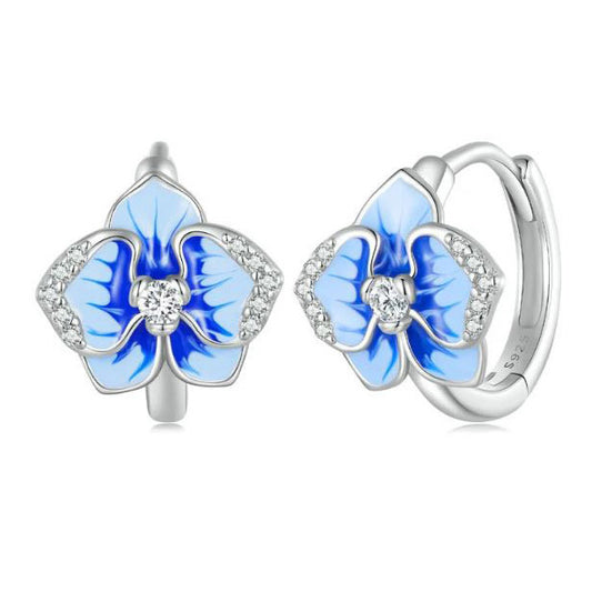 Orchid Earrings Blue Flower Sterling Silver Hoops