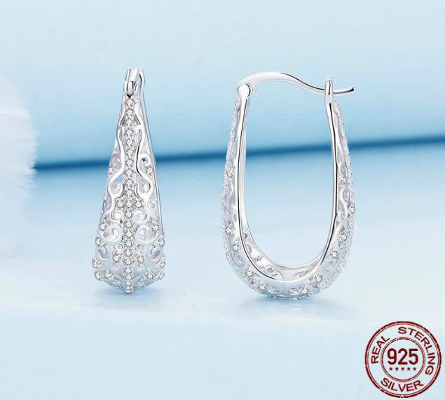 Earrings 925 Silver Clear Water Drop Vine Hollow Hoop