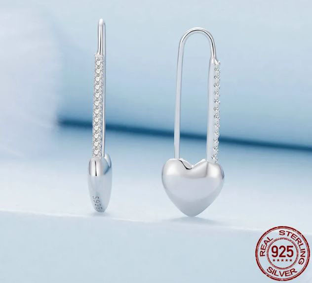 Heart Earrings Sterling Silver Drop Hoop Button Pin