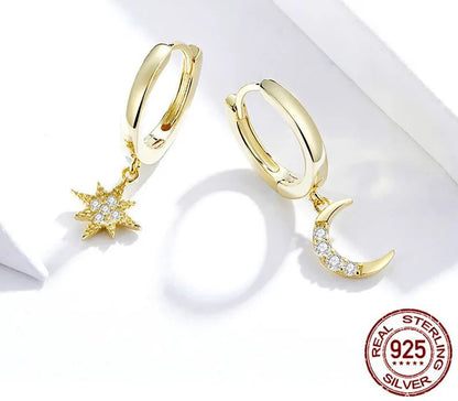 Hoop Earrings Drop Gold Moon Star