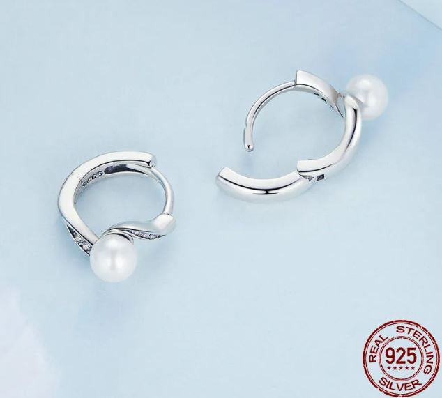 Simulated Shell Pearl Earrings Twisted White Hoop Sterling Silver