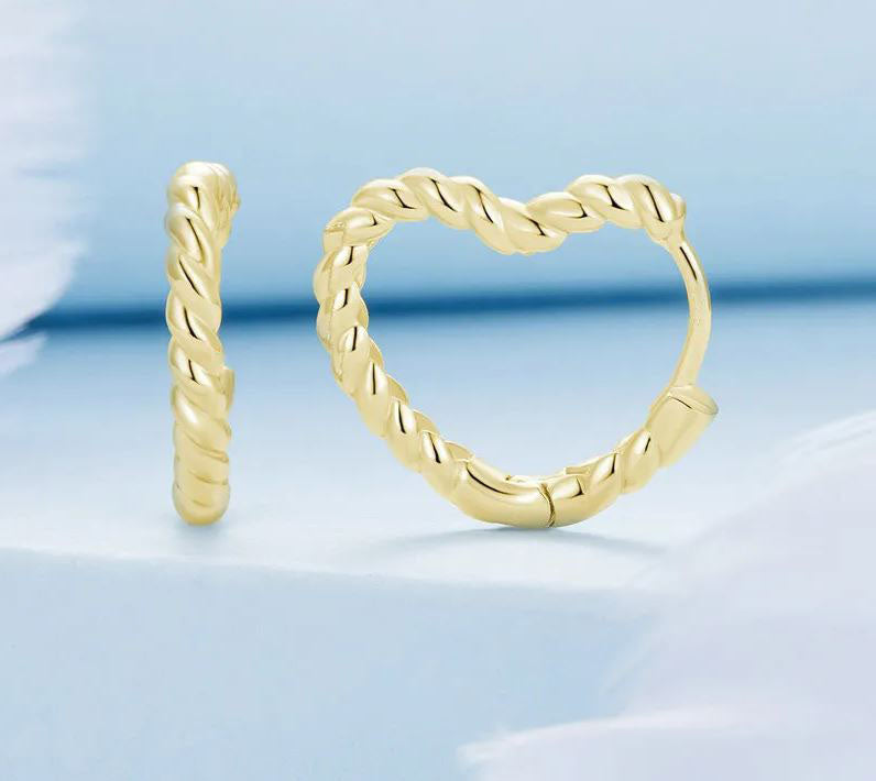 Gold Earrings Hoop Twisted Heart