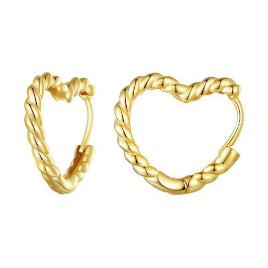 Gold heart earrings with twisted design