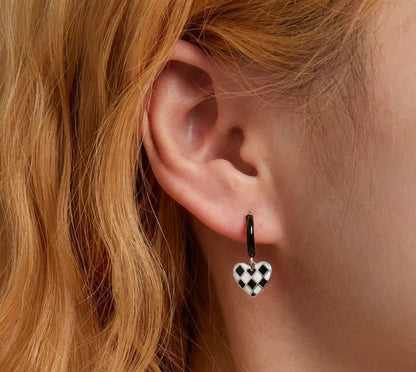 White Black Earrings Hoop Drop Heart Checkered