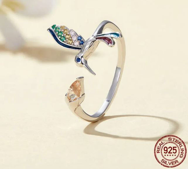 925 Sterling Silver Hummingbird Ring For Women Colourful
