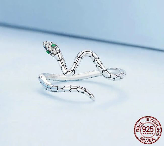 925 Sterling Silver Snake  Ring Cubic Zirconia Green