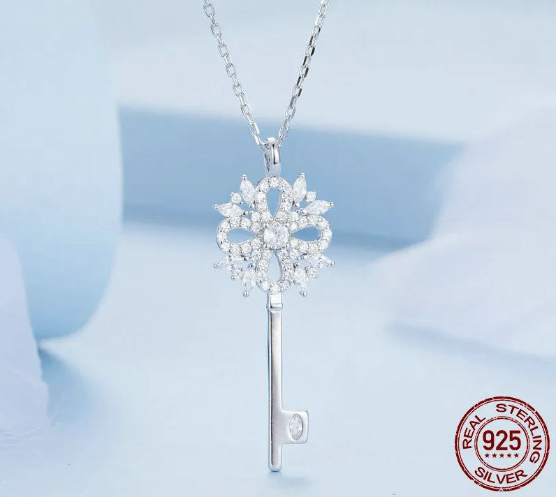 Clear Necklace Sterling Silver Pendant Key Snowflakes