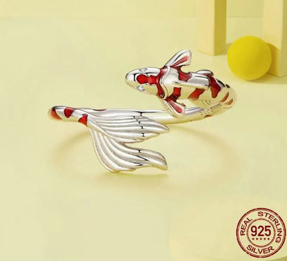 925 Sterling Silver Koi Fish Ring For Women Red
