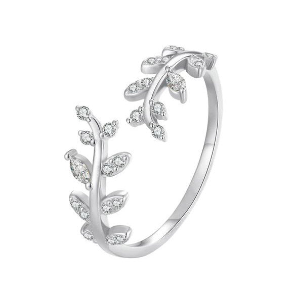 Silver branch Ring Leaves Clear Adjustable