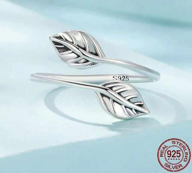 925 Sterling Silver Leaf Ring For Women Adjustable