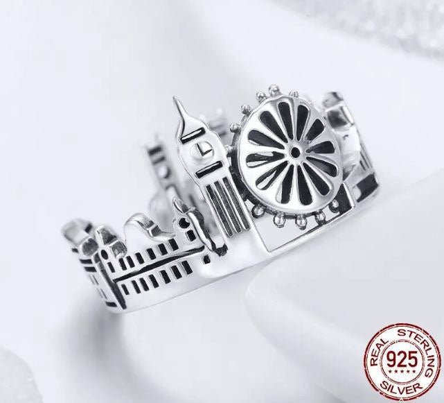 Open Ring Sterling Silver London City British Building Adjustable