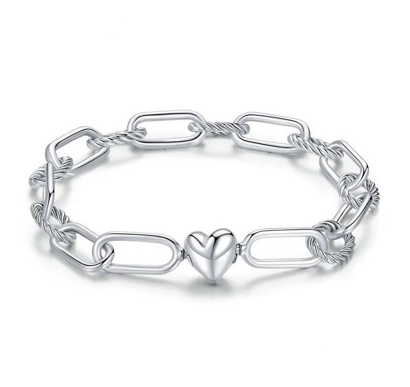 925 Sterling Silver Paper Clip Bracelet Woman Love Chain