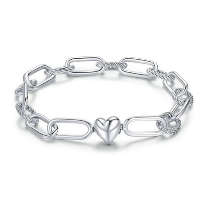 925 Sterling Silver Paper Clip Bracelet With heart