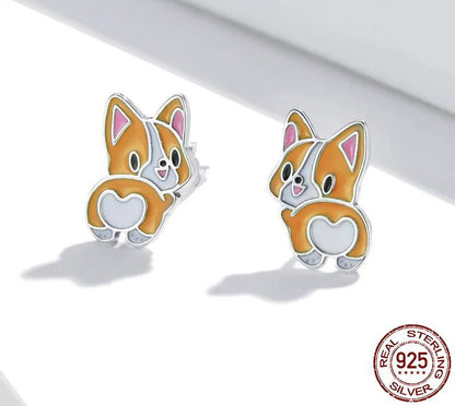 Enamel Earrings 925 Sterling Silver Stud Lovely Corgi Dog