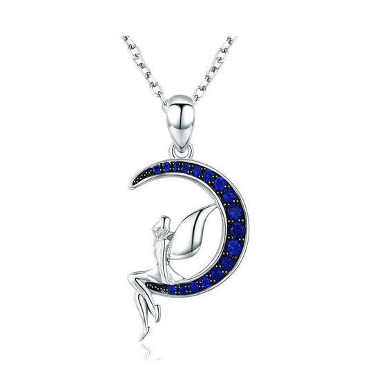 blue moon and fairy necklace in sterling silver