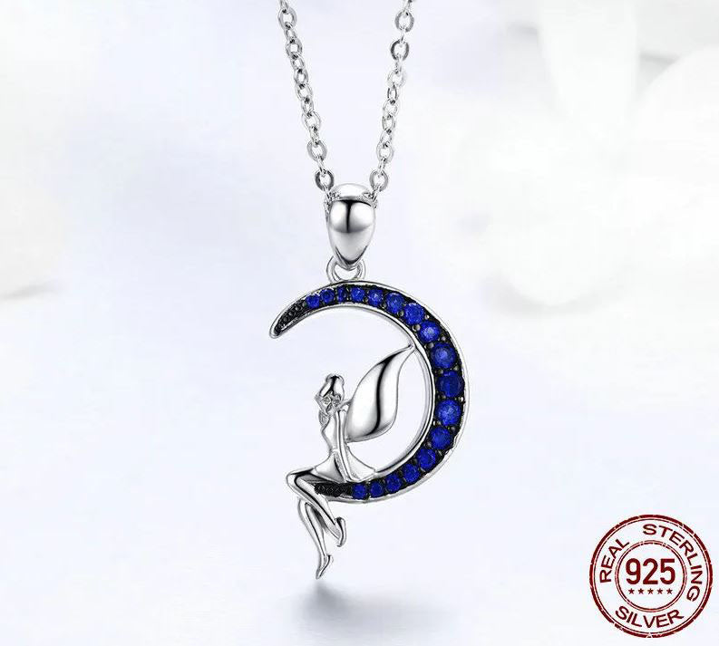 Lucky Fairy Necklace Pendant Crescent Moon Blue
