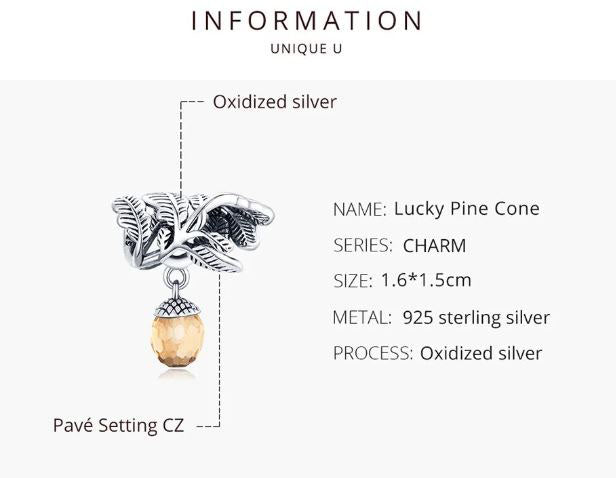925 Sterling Silver Lucky Pine Cone Charm Cubic Zirconia 