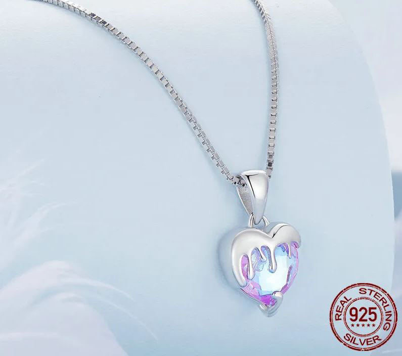925 Sterling Silver Melted Heart Necklace  Pink