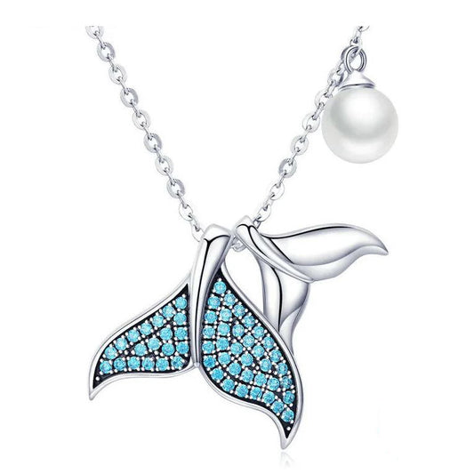 mermaid tail necklace pendant in sterling silver blue with simulated pearl