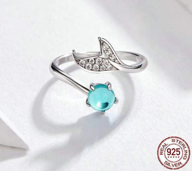 925 Sterling Silver Fish Tail Ring For Women Blue