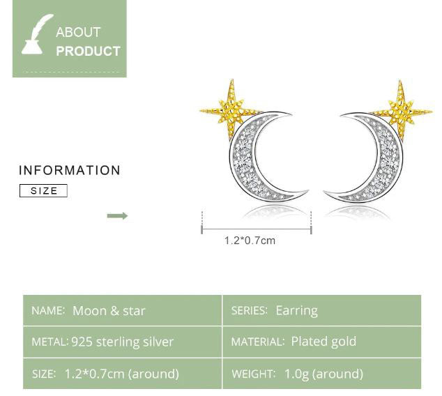 Gold Earrings Sterling Silver Moon Stud Star 