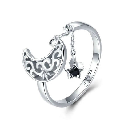 Moon and star Ring Long Chain staerling silver Black