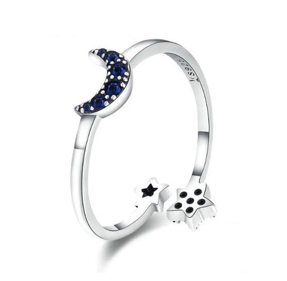 blue Moon and star Ring open Sparkling sterling silver