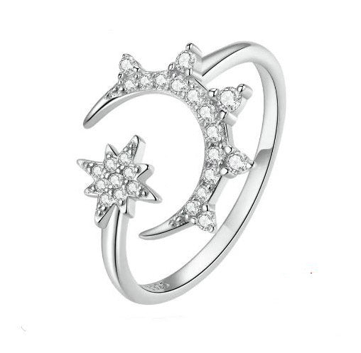 silver Moon and star Ring Adjustable Clear open