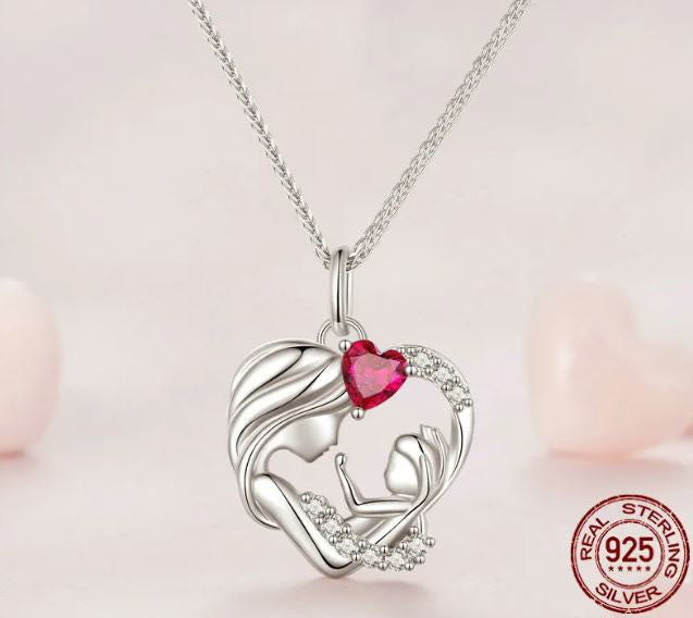Mother and Child Necklace Pendant Heart Red