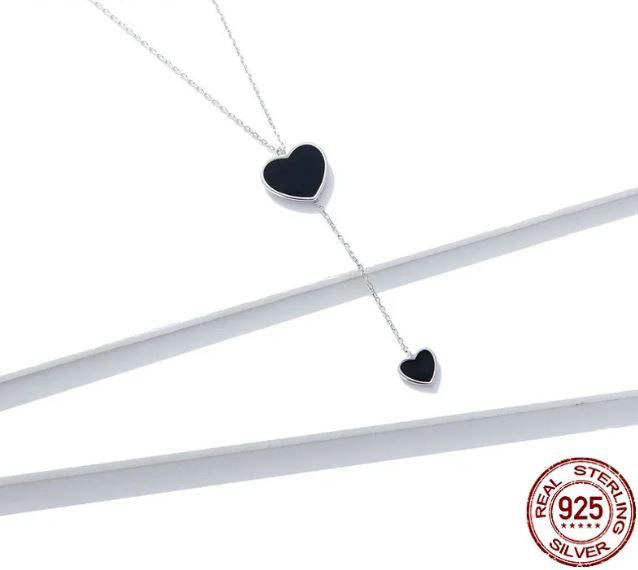 925 Sterling Silver Double Heart Necklace For Women Black