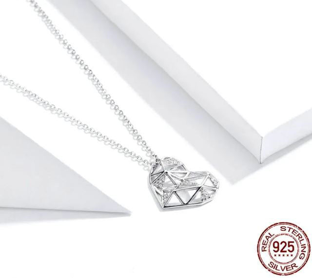 925 Sterling Silver Heart  Necklace Cubic Zirconia Clear
