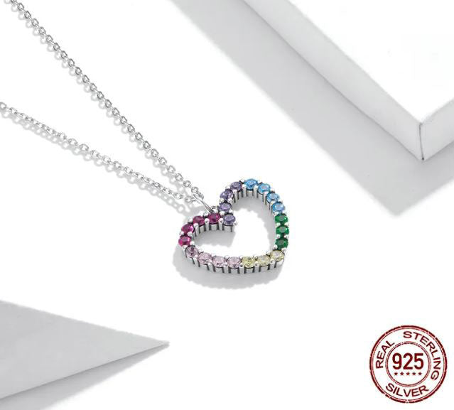 925 Sterling Silver Heart Necklace Cubic Zirconia Colourful