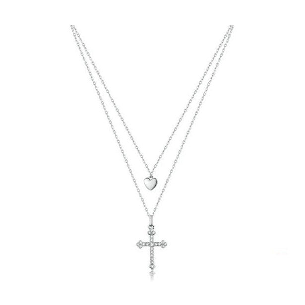 Sterling Silver Necklace For Women Cross Heart Double Layer
