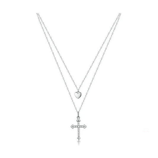 Sterling Silver Necklace For Women Cross Heart Double Layer