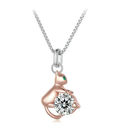 rose gold cat necklace pendant with cubic zirconia silver chain