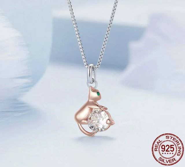Pendant Necklace Rose Gold Cute Cat  Sterling Silver