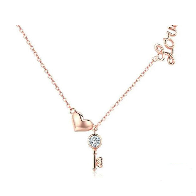 Rose Gold Necklace 925 Sterling Silver Key Lock Pendant Heart