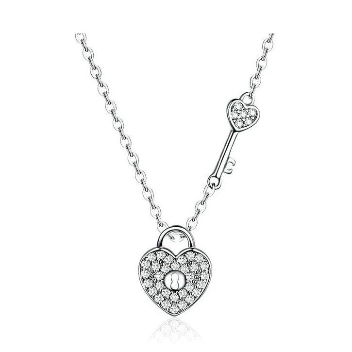 Sterling Silver Necklace For Women Lock & Key Love Heart