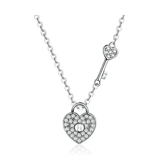 Silver Heart Necklace For Women with key Lock