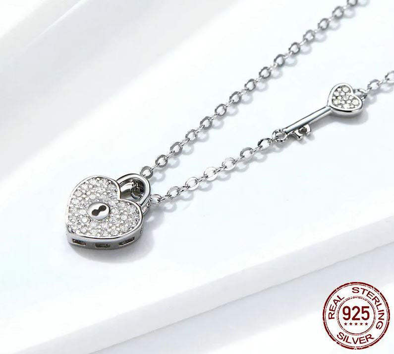 Pendant Necklace Clear Lock & Key Sterling Silver