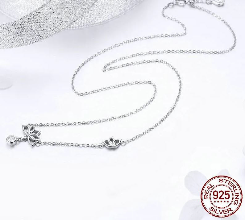 Flower  Necklace Pendant Clear Lotus  Sterling Silver
