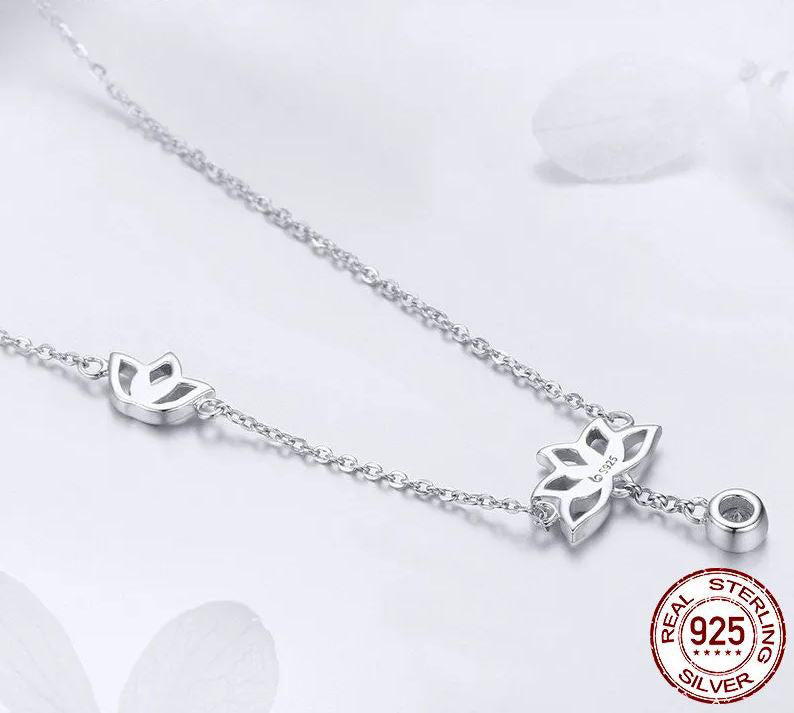 925 Sterling Silver Lotus  Necklace Cubic Zirconia Clear