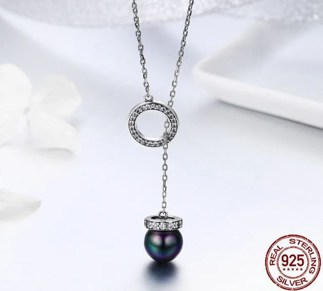 Necklace For Women Pendant Simulated Black Pearl 925 Sterling Silver
