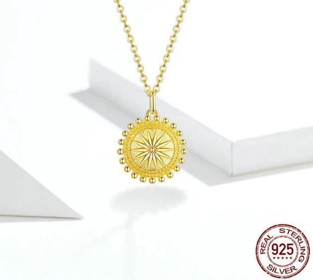 925 Sterling Silver Sun Coin Necklace Cubic Zirconia Gold