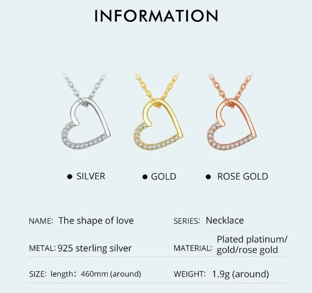 925 Sterling Silver Heart Necklace Cubic Zirconia Gold