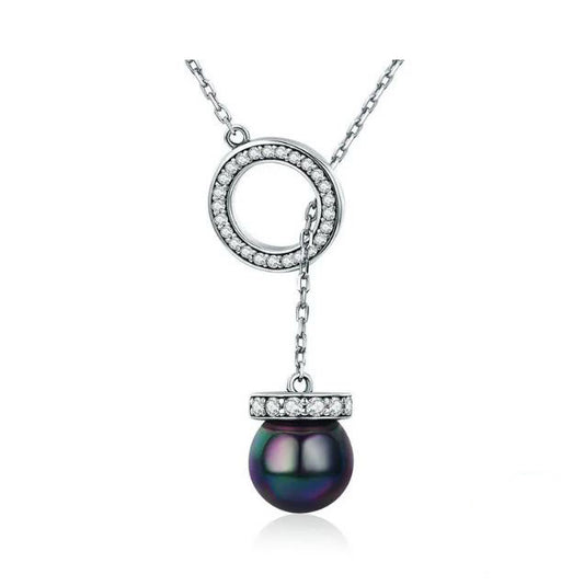 Clear Necklace 925 Sterling Silver Simulated Black Pearl Pendant Circle 