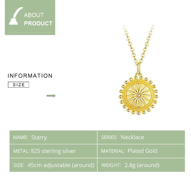 Pendant Necklace Gold Sun Coin Sterling Silver