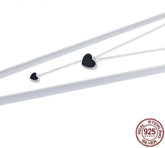 925 Sterling Silver Double Heart Necklace  Black