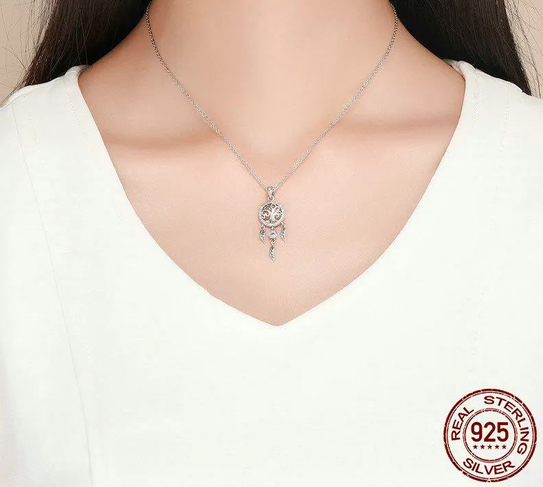 925 Sterling Silver Dream Catcher  Necklace Cubic Zirconia Round
